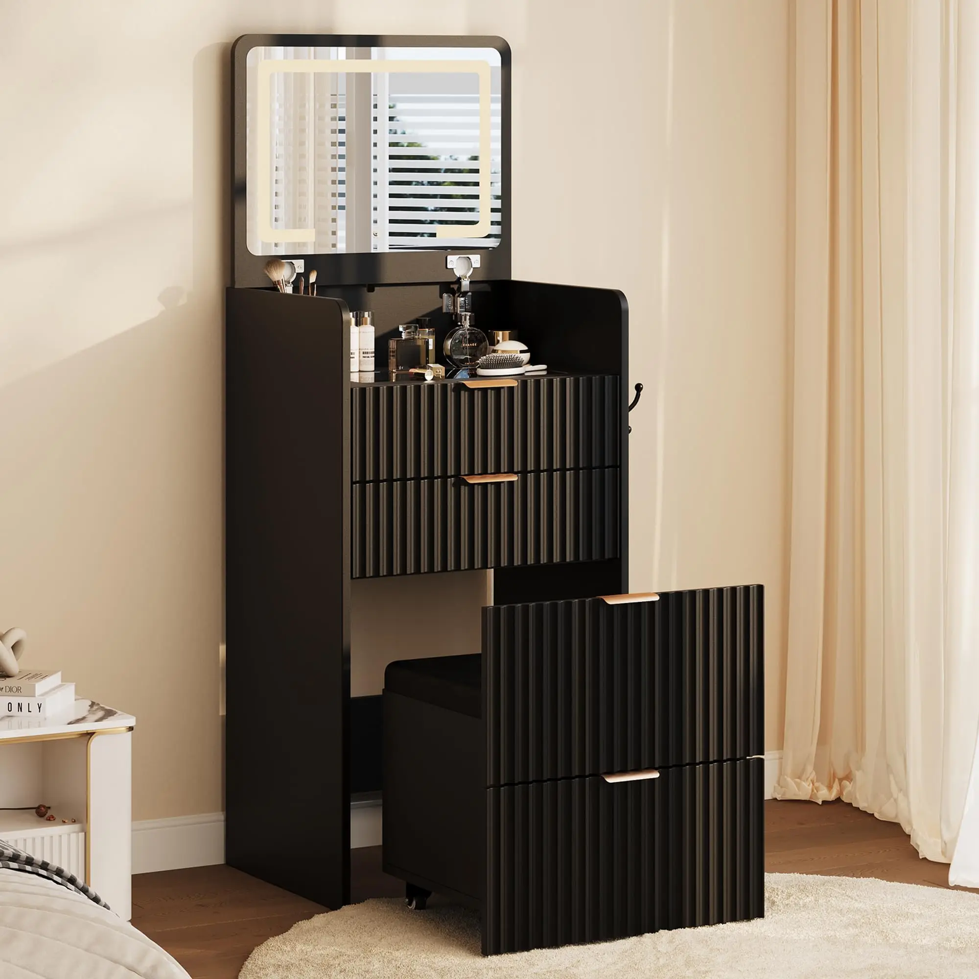 3-in-1 Modern Vanity Desk with Mirror, Makeup Dressing Table with Storage Drawers & Stool, Small Cosmetic Vanity Desk for Bedroom