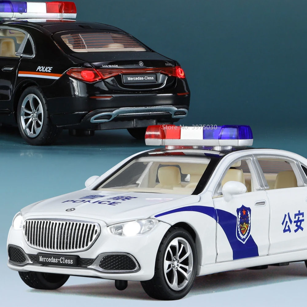 Scale 1:32 Mercedes-Benz S680 Police Car Model Toy Alloy Diecast Doors Opened Sound Light Pull Back Models Collection Kids Gifts