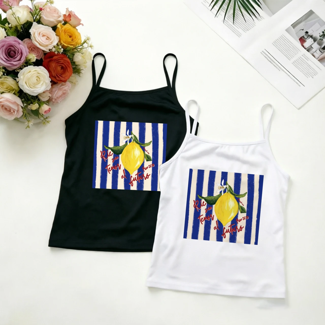 Vintage Spanish Slogan Spaghetti Strap Tank Tops Y2K Streetwear Sleeveless Camisole Holiday Slim Fit Casual Cami Vest