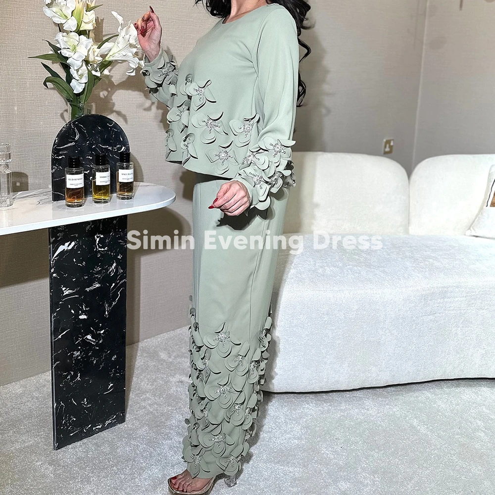 

Simin Women's Creap O-Neck 3D Flowers Beading Floor Length Sheath Evening Dresses With Long Sleeve Formal Elegance Dresses 2025