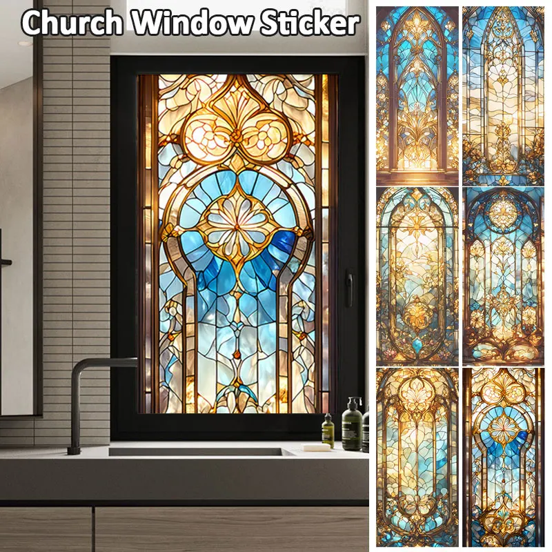 Vintage Colorful Church Stained Glass Film American Abstract Style Window Sticker Static Cling Home Decor Privacy Window Films