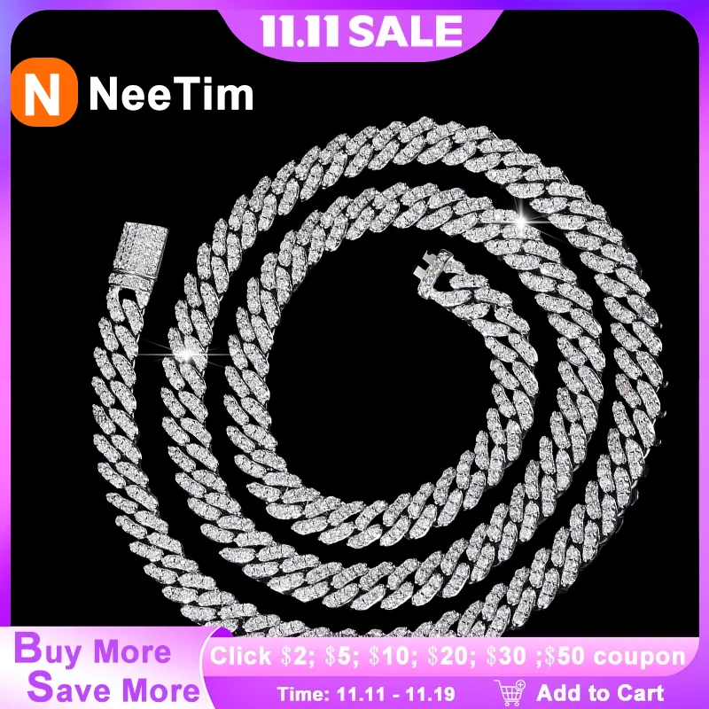 

NeeTim 8mm Full Moissanite Cuban Necklaces for Men Women D Color Lab Diamond S925 Sterling Silver Hip Hop Jewelry Neck Chain