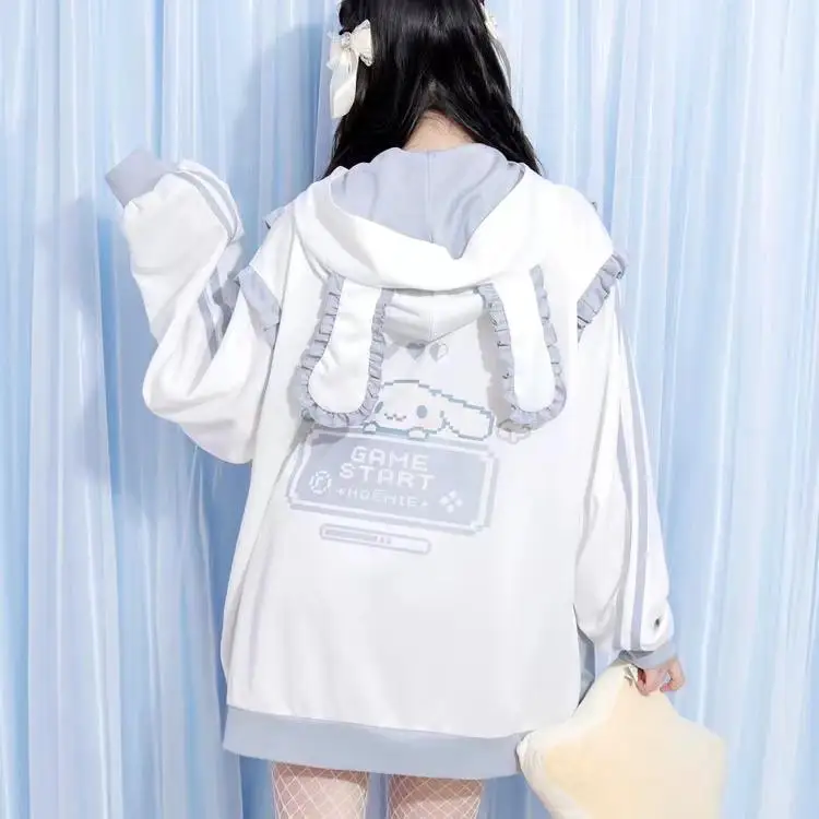 Japanese Daily Sanrio Kawaii Rabbit Ear Hooded Zipper Cardigan Jacket Women's Spring and Autumn Loose Casual Student Sweet Coats