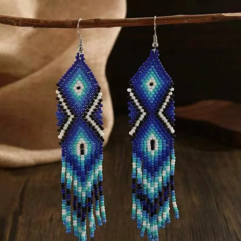 

ZGMXR Серьги из рисовых бусин, оригинальный простой узор, сплав, геометрия, градиент цвета, глаза, богемная мода, серьги ручной работы из бисера