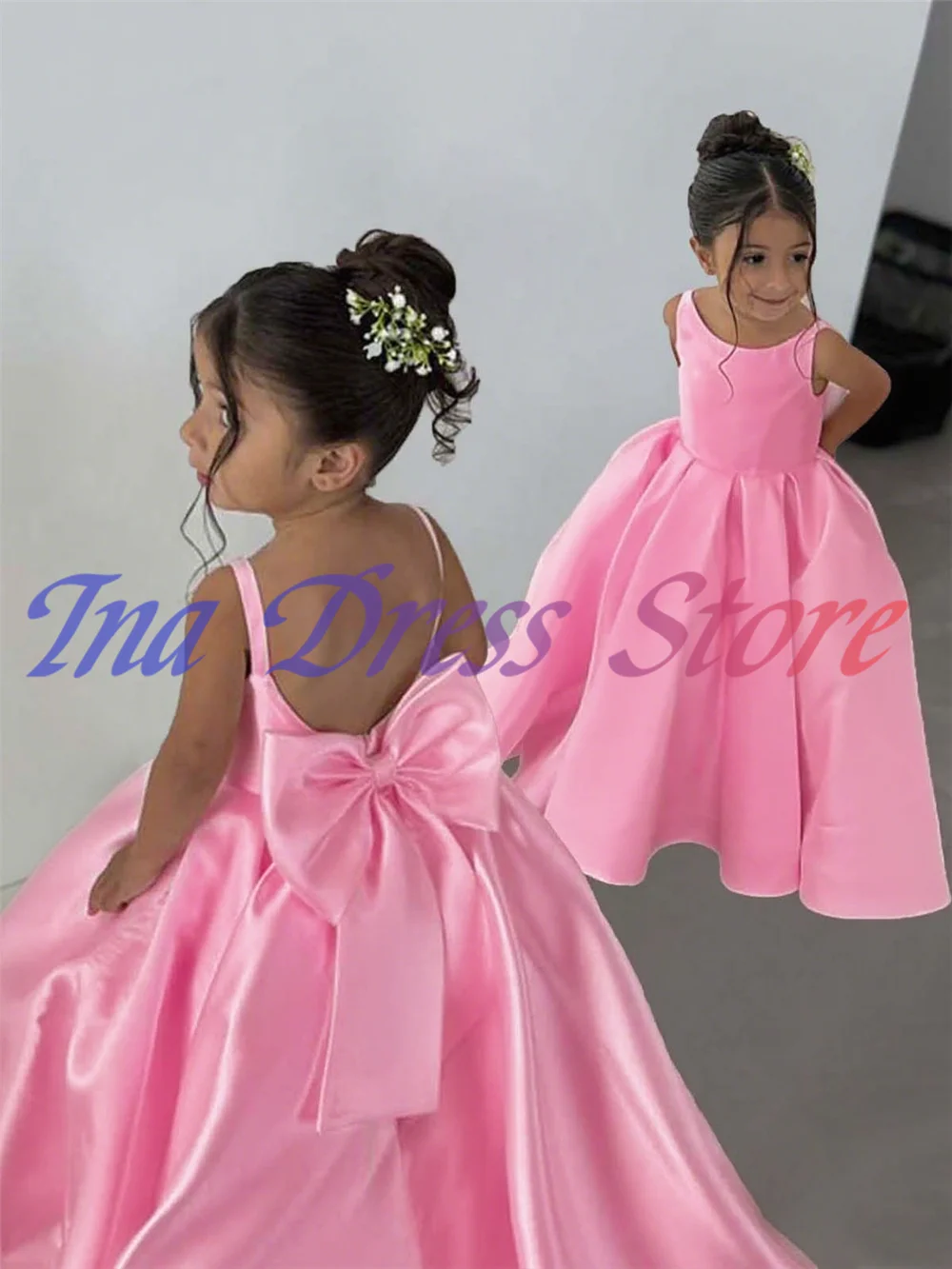 

Lovely Pink Flower Girl Dress Sleeveless Satin Fluffy With Bow For Kids Wedding Birthday Party Evening Ball Gowns Customisable