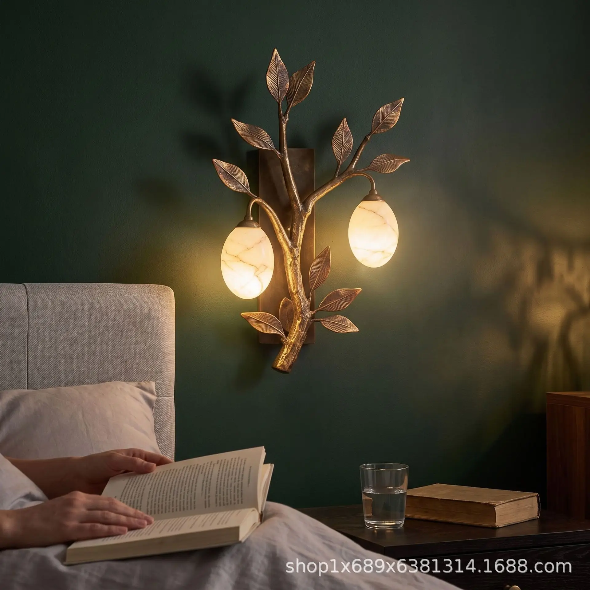 Retro copper branch marble wall lamp, leaf shape, bed and breakfast living room bedroom wall lamp
