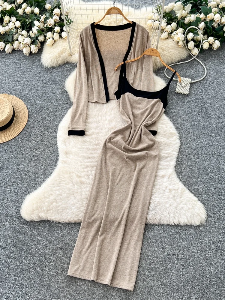 Faionable Zweiteiliges Set mit hoher Taille und Gürtel ter Dr + Long Sve Open Cardigan Color Blo Design Herbstkleidung für Damen