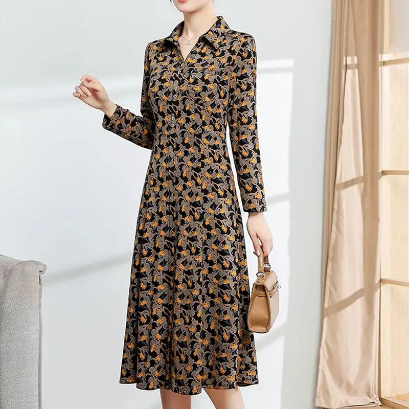 วินเทจดอกไม้พิมพ์ลายชุดมิดิเสื้อผ้าหญิงปิดกระดุมฤดูใบไม้ผลิฤดูใบไม้ร่วงเอ-ไลน์เอวแขนยาว XQ157