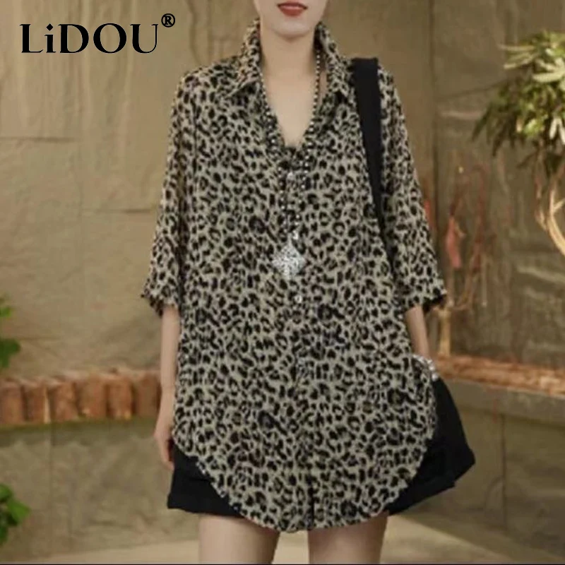 Spring Summer Leopard Loose Casual Shirt Women Turn-down Collar Single Breasted Long Sleeve Blouse Ladies Thin Style Cardigan