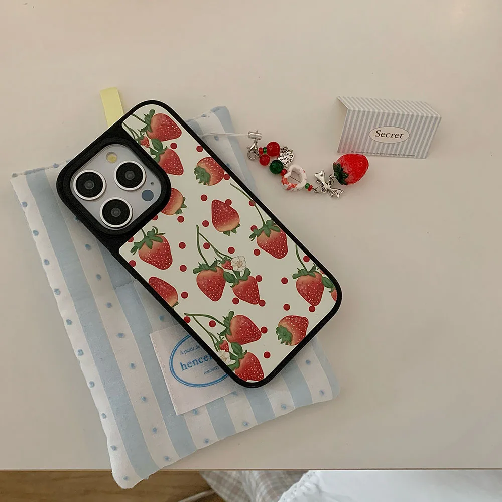 Japan Korea INS Cute Acrylic Wave Point strawberry Fruit Tart Chain Phone Cover Case For iPhone 12 13 14 15 PRO MAX With Pendant