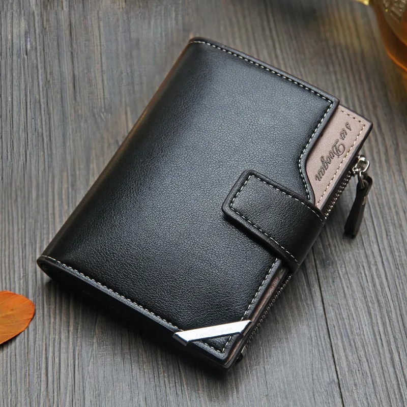 

Men's Wallet Leather Short Carteira Vertical Locomotive British Casual Multi-function Card Bag Zipper Buckle Triangle Folding