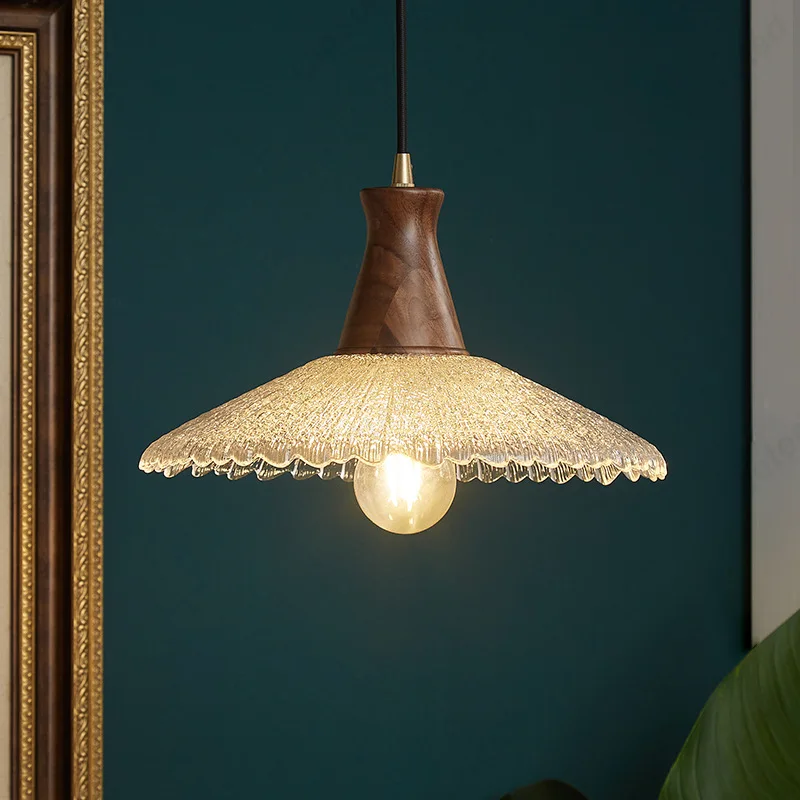 

New Japanese Retro LED Walnut Glass Chandelier Bar Restaurant Cafe Living Room Decorative Lighting