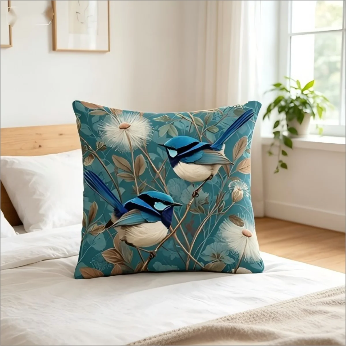 Teal Blue Fairy Wren Bird Print Throw Pillow Cover, Vintage Botanical Floral Decorative Cushion