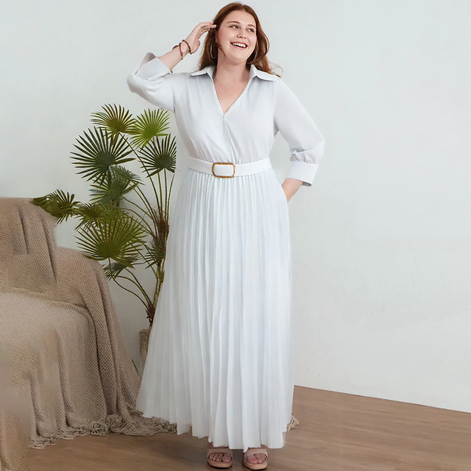 

Женское расклешенное платье трапециевидной формы с рукавами 3/4, повседневное полуформальное офисное женское однотонное плиссированное платье большого размера с поясом