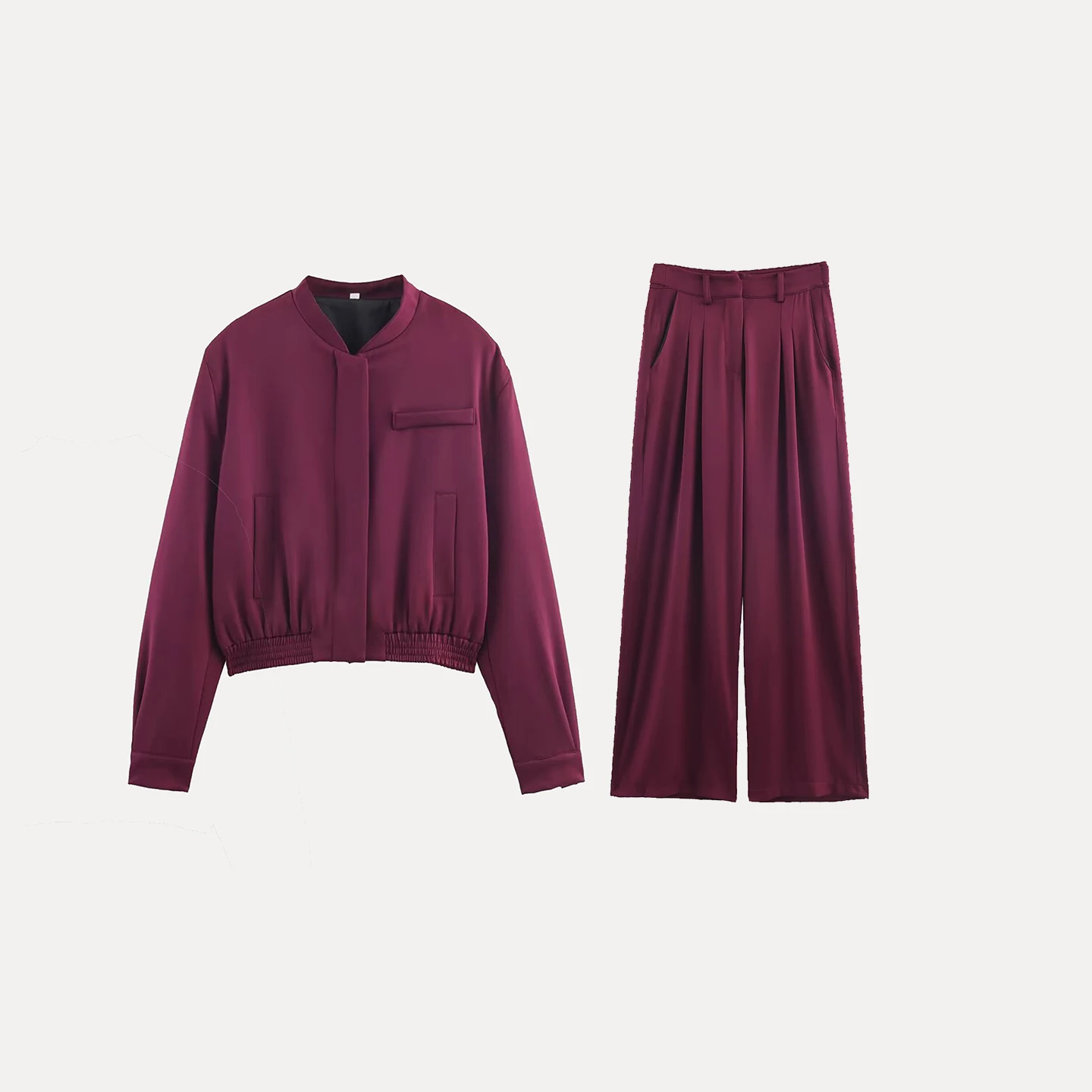 Women's Faion Jaet Coat High Waist Wide Leg Pants Two Piece Set Z Brand Pure Color Long Sve Zipper Closure