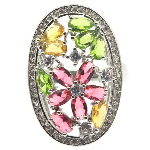 SheCrown 27x17mm Multi Color Rhdodolite Garnt Pink Kunzite London Blue Topaz CZ Women Wedding Silver Rings Daily Wear