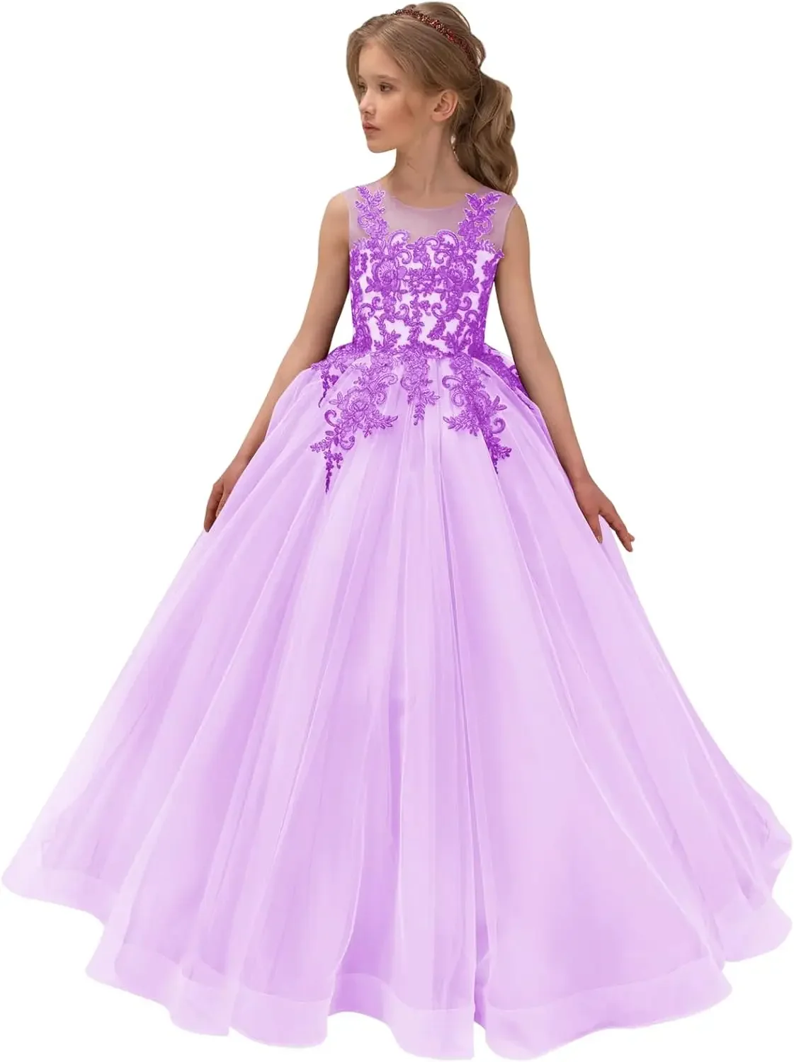 Renda appliaue vestido da menina de flor vestidos pageant para meninas tule pageant vestido para meninas longo sem mangas princesa festa vestido baile