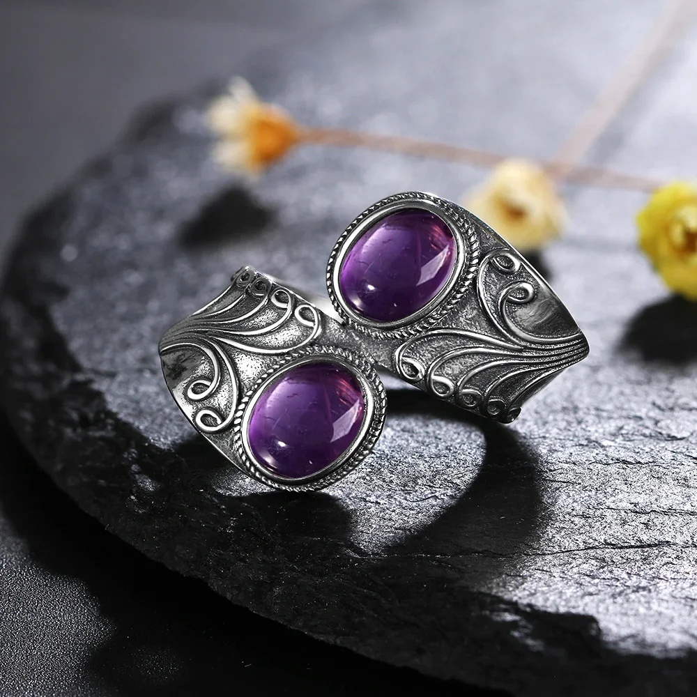 Nasiya New Design Punk Hiphop Ring With Two Amethyst For Men and Women Silver Jewelry Party Birthday Gift