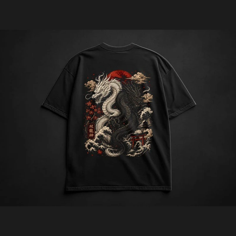 Asian Style Twin Dragon T-shirt Men Black White Dragon Ocean Wave Torii Kanji Art Back Graphic Print Oversized Soft Cotton Tees