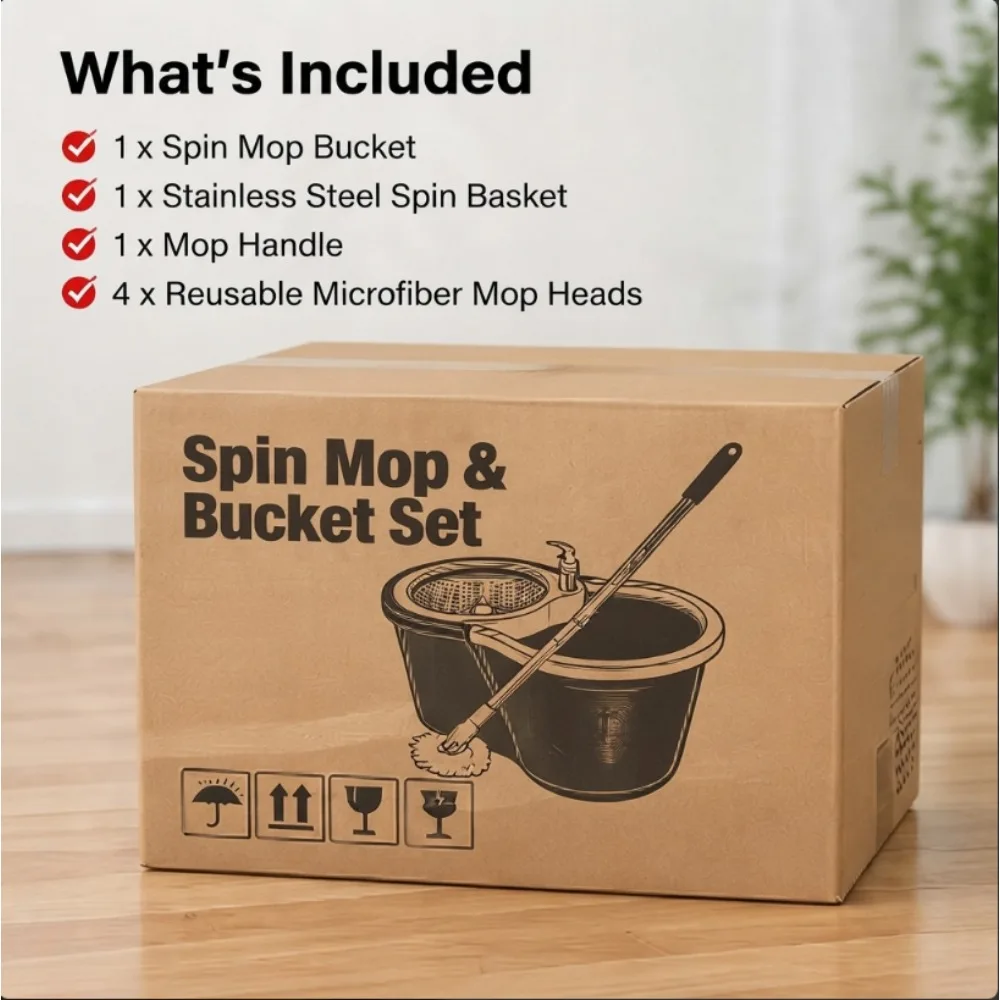 Spin Mop and Bucket Set with Wringer, 360° Rotating Microfiber Mop, 4 Reusable Heads, Hands-Free Floor Cleaning System