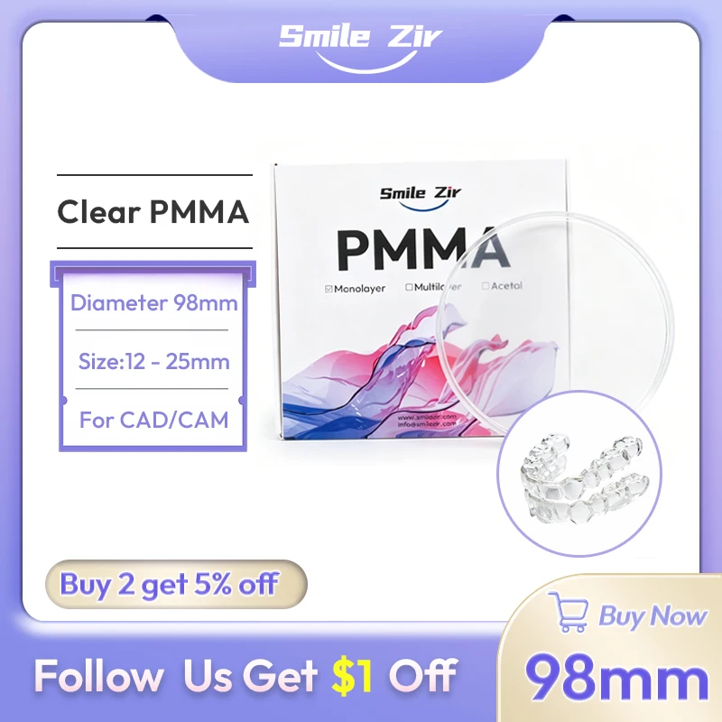 

Прозрачные монолитные блоки из ПММА Smile_Zir, 98 мм, прозрачные диски для зуботехнических лабораторий, материалы для временных коронок и мостов CAD/CAM в стоматологии