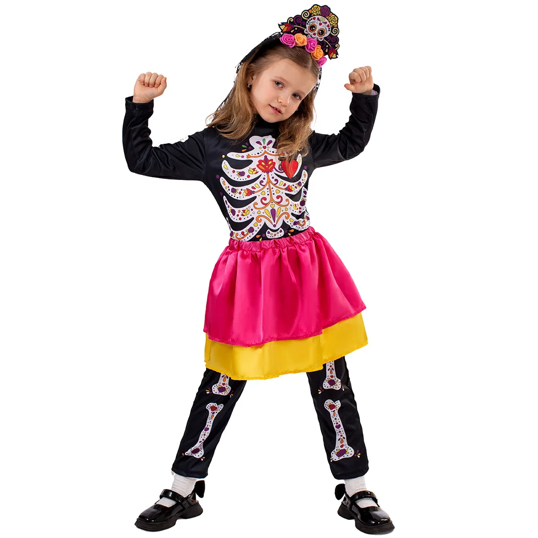 Kids Day of The Dead Cosplay Costume Girl Funny Bodysuit Skirt Set Holiday Party Halloween Carnival Stage Performance Clothes