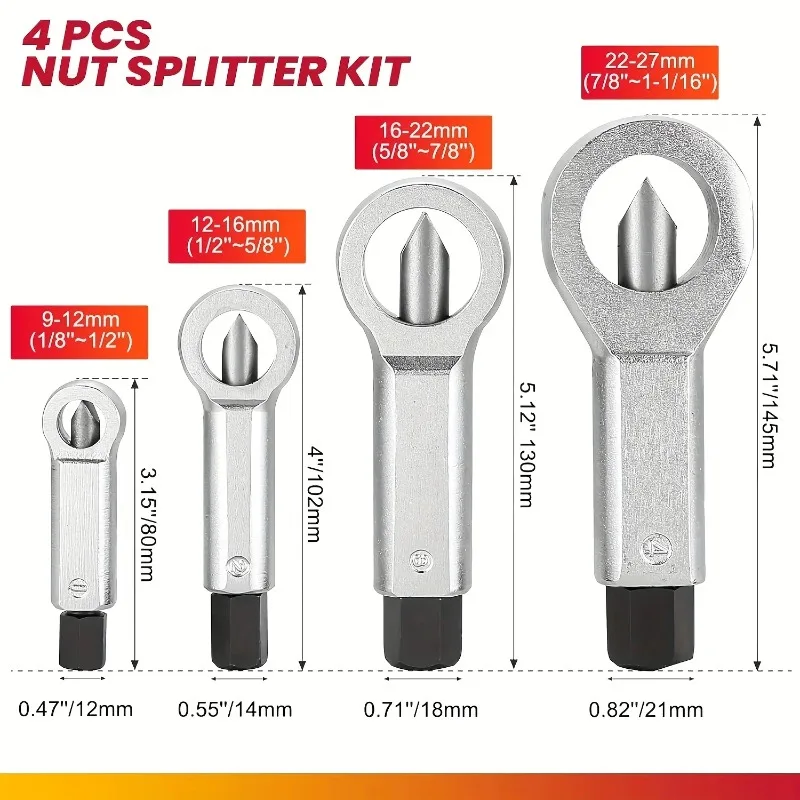 4PCS Heavy Duty Metal Nut Splitter Set, Manual Nut Cracker Remover Tool for Stuck or Corroded Nuts