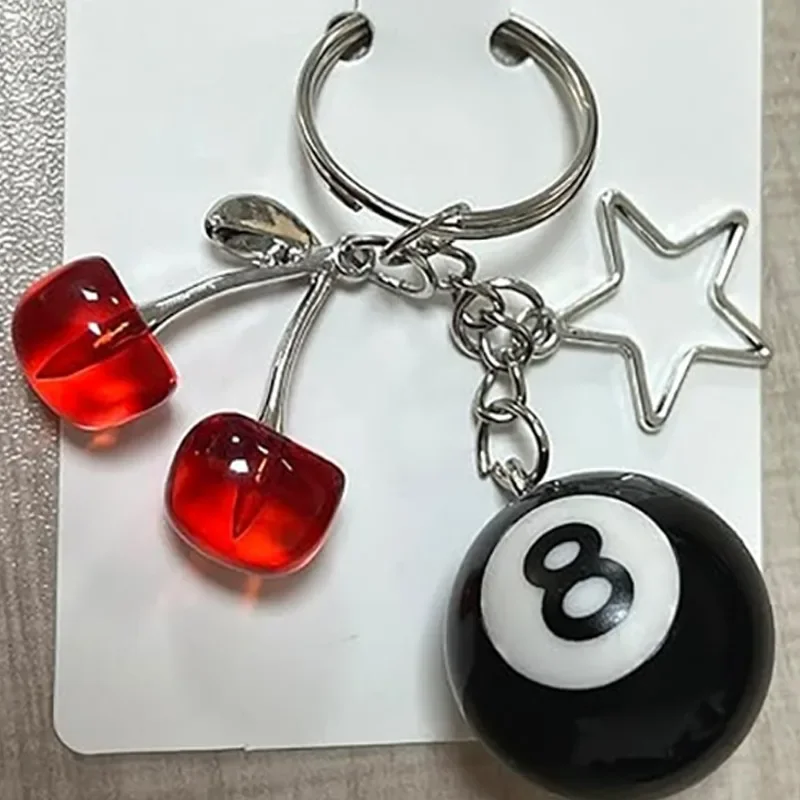 Creative 8 Ball Fruit Cherry Star Keychain Kawaii for Women Y2K Handmade Key Strap Wallet Keyrings Bag Pendant Accessories