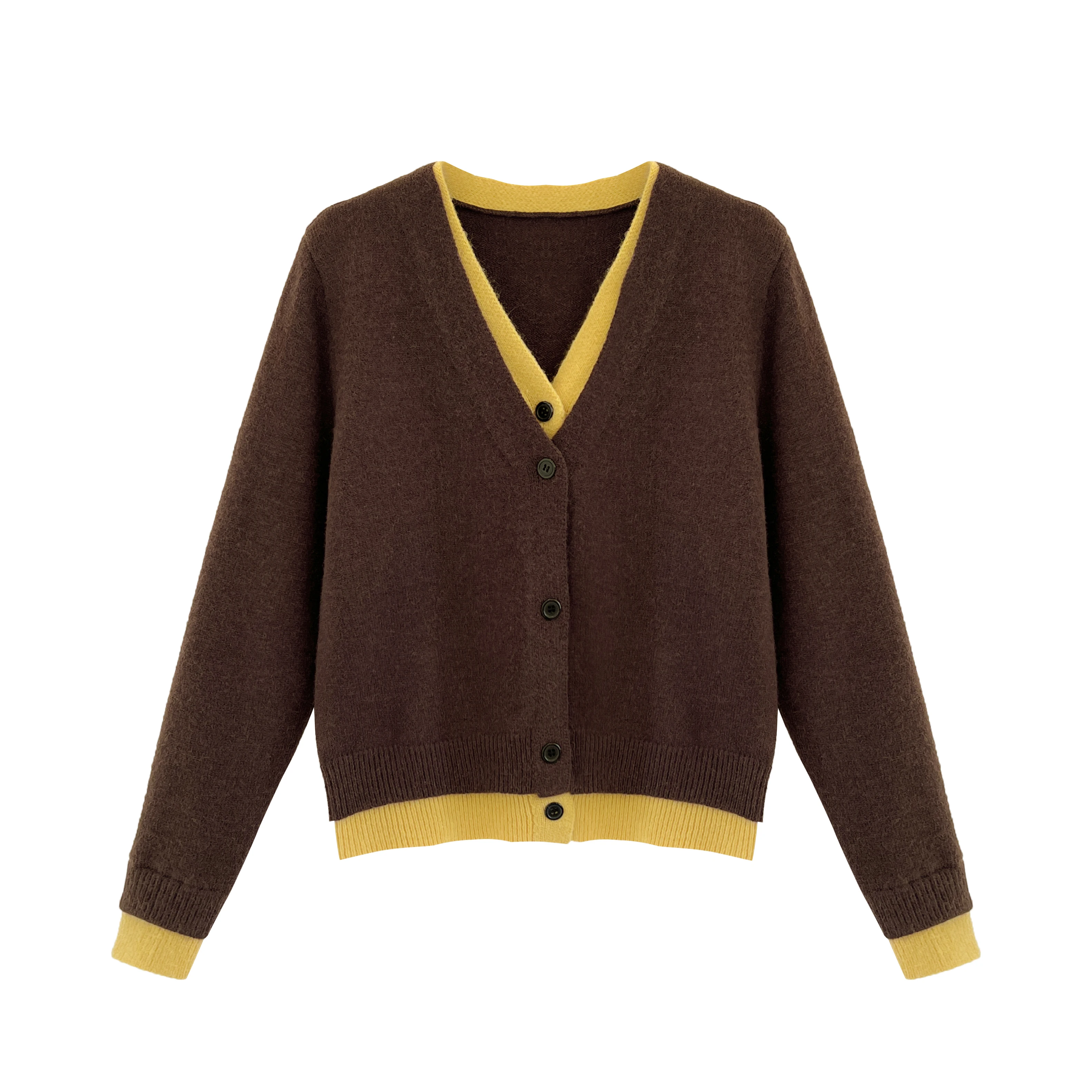 Coffee Colored V-Neck Fake Two Piece Knitted Cardigan Women'S Autumn 2025 New Lazy Style Long Sleeved Sweater Jacket Short Top