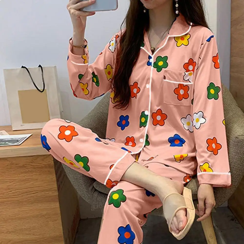 2 Pcs/Set Fall Spring Women Pajamas Suit Satin Colorful Cartoon Flower Printing Thin Pastoral Style Long Sleeve Top Wide Leg Pan