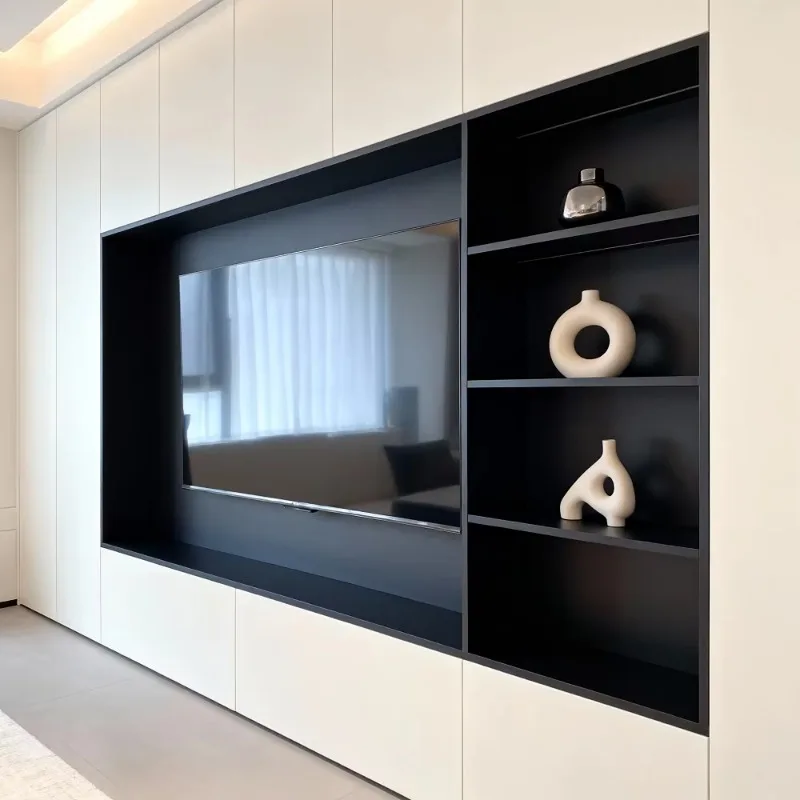 TV Wall Cabinet Embedded Modern Living Room Background Wall Shelf Matte Black Finish Easy to Install Hotel Luxury
