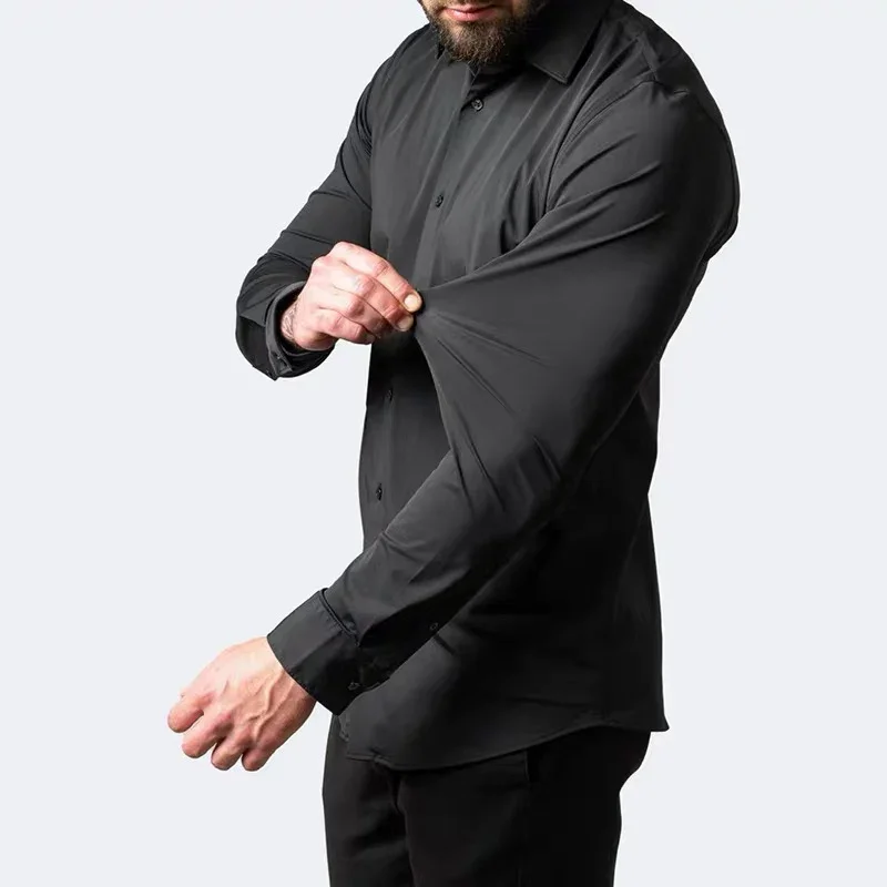 High elastic men's white shirt, solid color, business slim fitting, non ironing, professional work clothes, long sleeved shirt