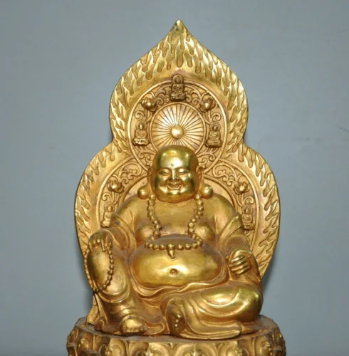 8'' China Buddhism bronze Gilt Happy laughter Maitreya Buddha Hold Beads Statue