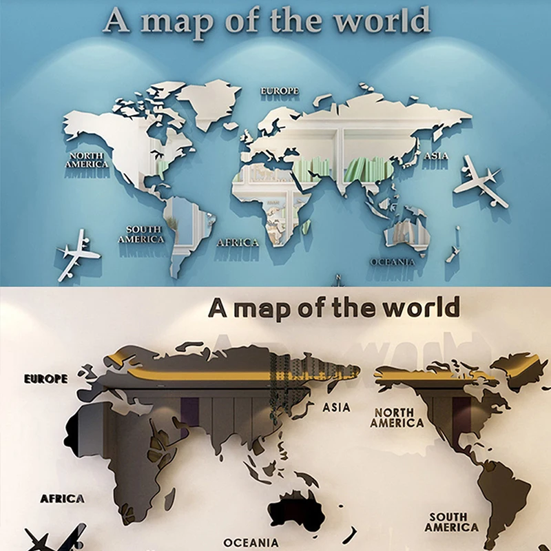 Pegatinas de pared de mapa del mundo acrílico 3D, pegatinas de espejo tridimensional, calcomanía de mapa del mundo, decoración de pared de fondo de oficina en casa