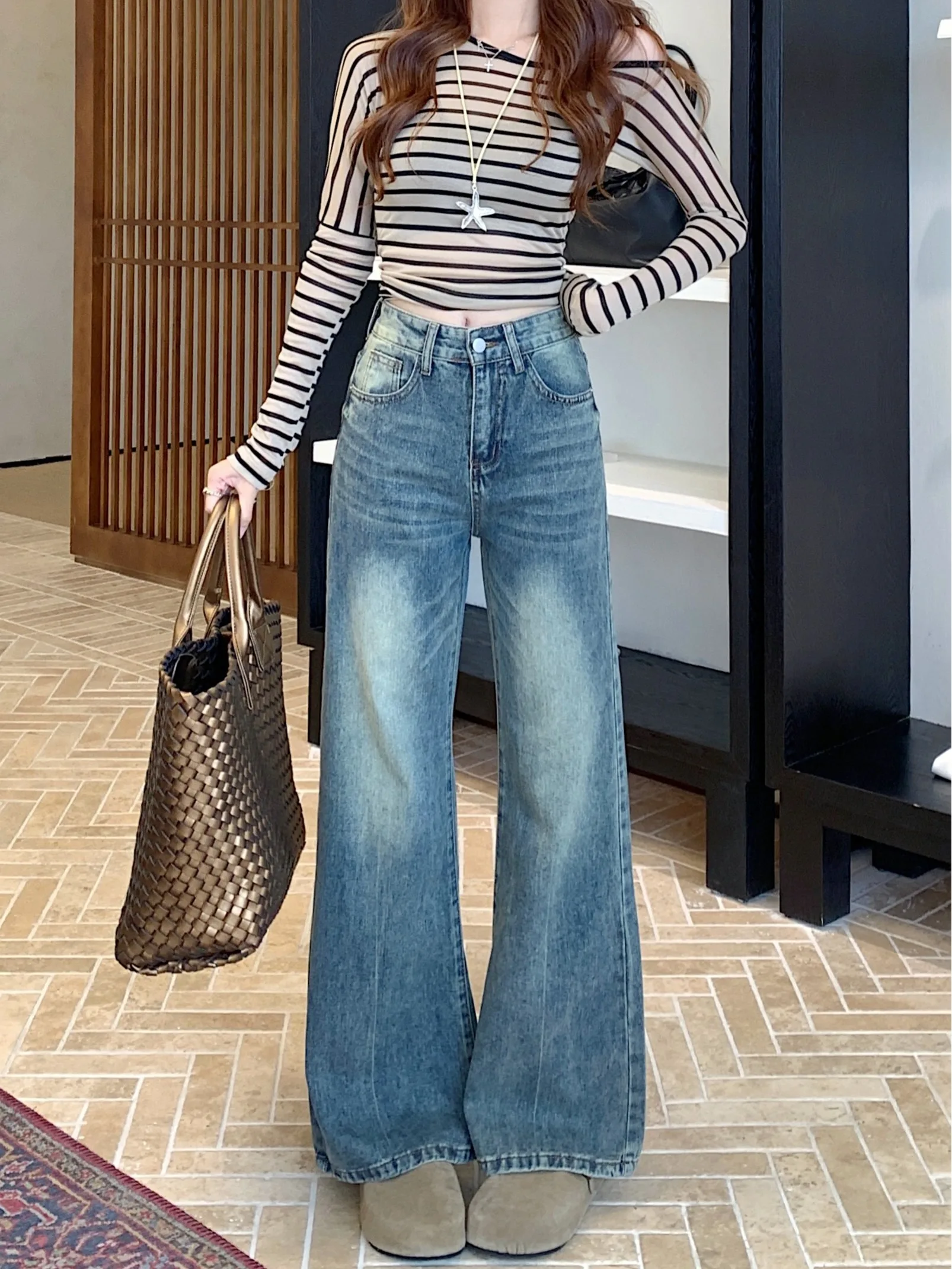 

High Waist Retro Washed Slimming Denim Jeans Women's Casual Wide Leg Pants Spring Versatile Elegant Leisure Trousers