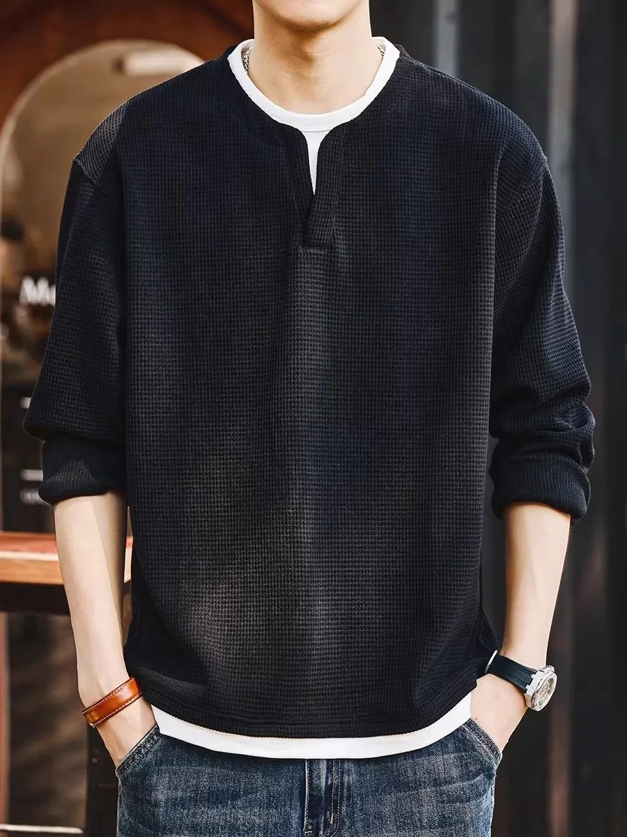 

Loose Fit American Sle V-Ne Men's T-irt Breathable Wfle Pattern Base Layer Top for Autumn Winter Casual Faion