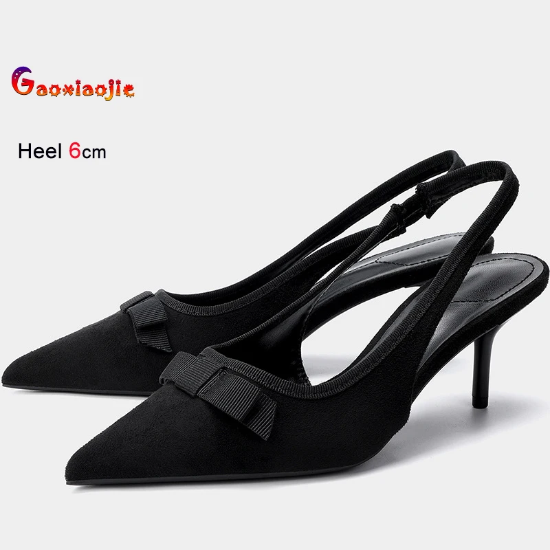

Модные летние женские туфли-лодочки 2026 года из черной замши на тонком каблуке 6 см, с острым носком, вырезами по бокам и открытой пяткой, для вечеринок