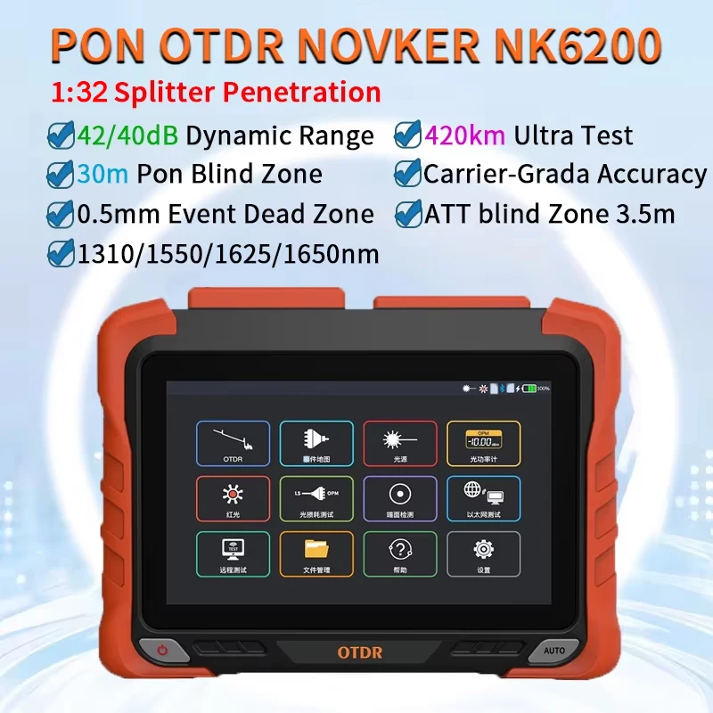 NEW PON OTDR 40/40/42db 1310 1550 1625nm Test Fiber Optic PLC Splitter 1:32 SC APC/UPC Touch Screen Optical Time Reflectometer