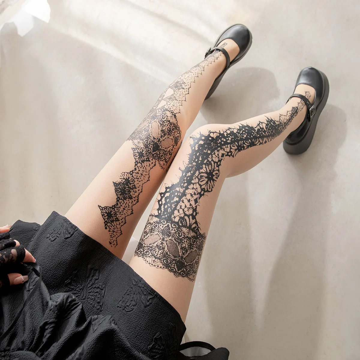 Women's Lace Tattoo Pattern Tights Sheer High Waist Pantyhose Asymmetric Floral Stockings Gothic Y2K Party Clubwear