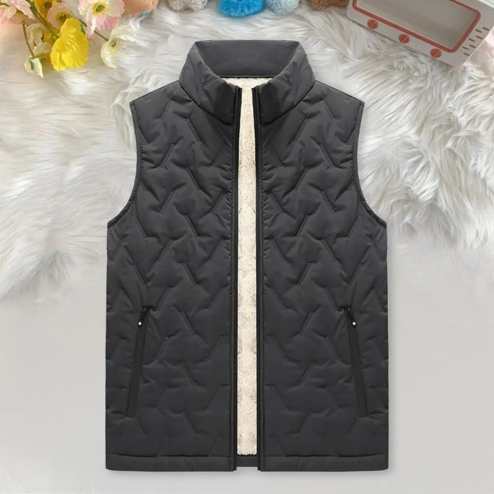 Anti-shrink Men Vest Breathable Men Vest Men's Stand Collar Sleeveless Velvet Lined Vest with Pockets Solid Color for Winter