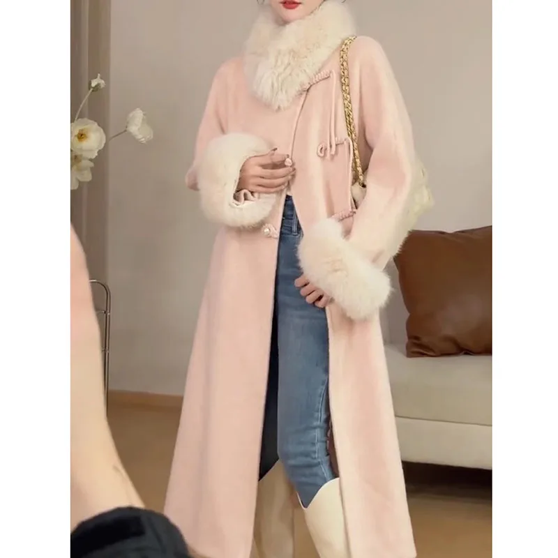 

New Chinese Style Long Woolen Coat For Women's Winter 2024 High-End Beautiful Woolen Coat Female Fur Collar Liner Down Outwear