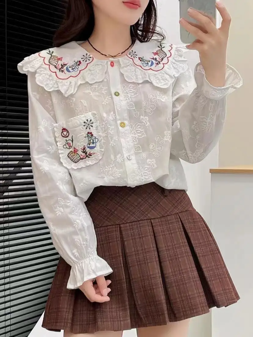 Sweet Mori Girl Cartoon Embroidered Shirt Female Peter Pan Collar Blouse Women Japan Style Autumn Cotton Long Sleeve Shirts