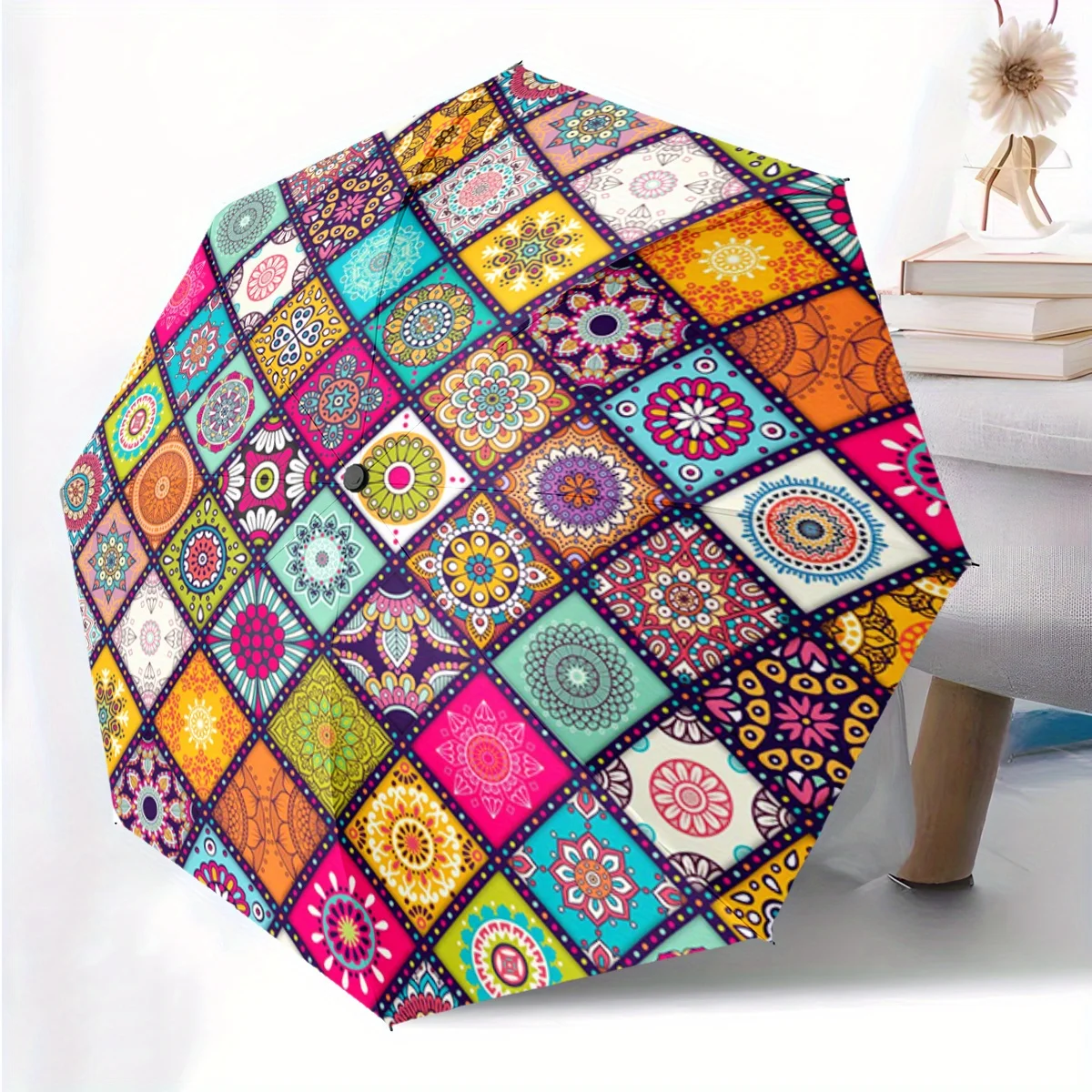 

Автоматический зонт с узором мандалы, 1 шт. - портативный складной зонт, 8-спицевая конструкция для устойчивости, компактный зонт для путешествий.