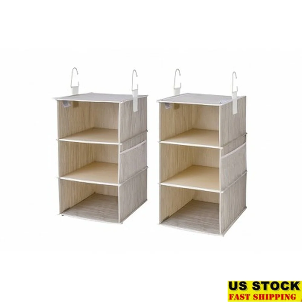 

2pk 3 Shelf Hanging Closet Organizers Reinforced Detachable Design 50lbs Capacity Dust-Free Polyester Sturdy Hooks Side Pockets