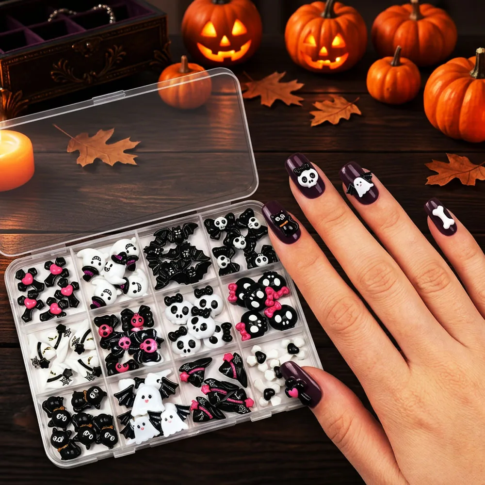 12er-Set 3D Schwarz-Weiß Halloween Nagel-Charms: Niedliche Totenkopf-/Geister-/Kreuz-/Katzen-/Kürbis-/Fledermaus-Nagelsteine aus Harz mit flacher Rückseite zur Nageldekoration – Detail 2