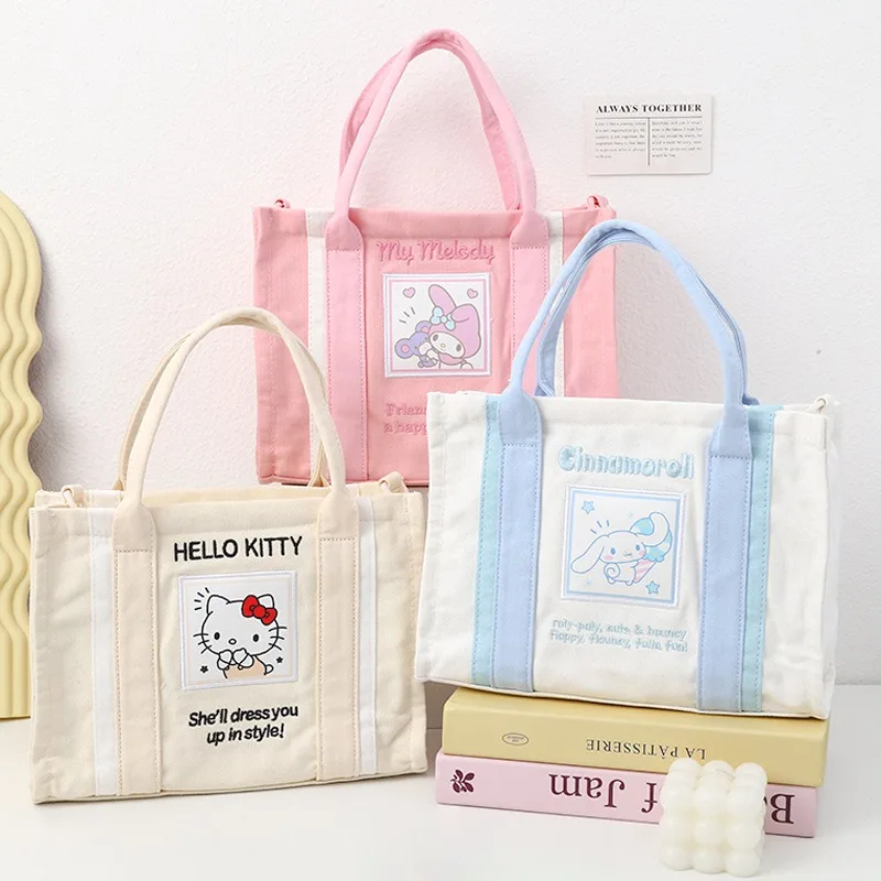 

Kawaii Hello Kitty Canvas Bag Cute Cartoon Casual Shoulder Tote Bag Splicing Versatile Travel Supplies Wholesale Girl Students
