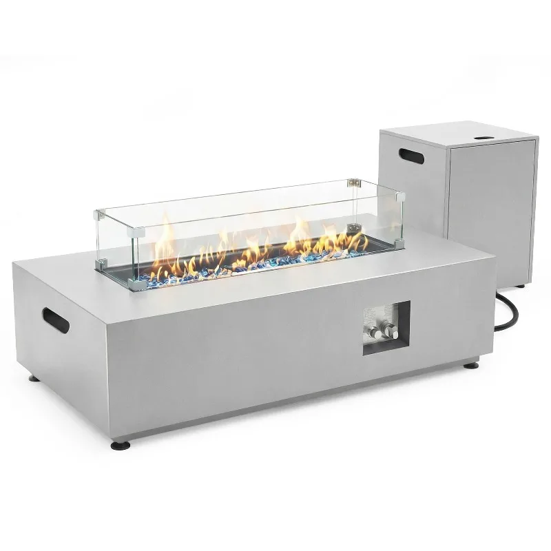 42'' Rectangle Outdoor Gas/Propane Firepit Table, 50,000 BTU Low Profile Modern Fire Pit with Tank Storage & Windguard&