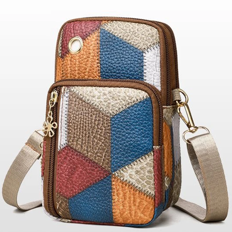 Trendige Patchwork-Umhängetasche mit Rautenmuster, lässige Umhängetasche mit mehreren Reißverschlüssen für Damen zum täglichen Einkaufen und Pendeln – Detail 7
