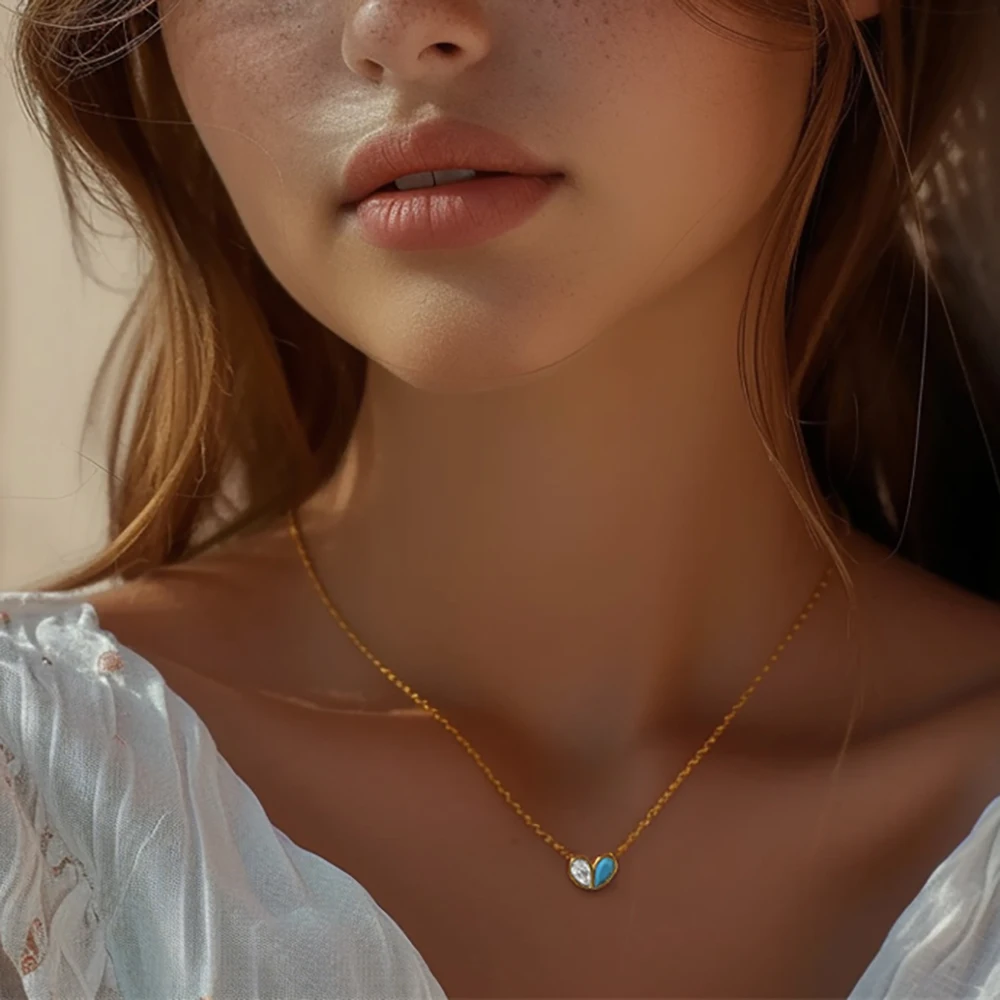 

CANNER White Zircon Turquoise Women Necklace Double Color Peach Heart Necklace S925 Sterling Silver Love Zircon Clavicle Chain