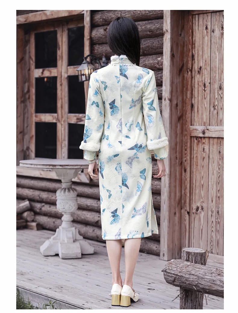 2025 Autunno Nuovo Stile Cinese Retro Temperamento Elegante Cheongsam Migliorato Abito da Donna Inverno Farfalla Stampato Migliorato Qipao